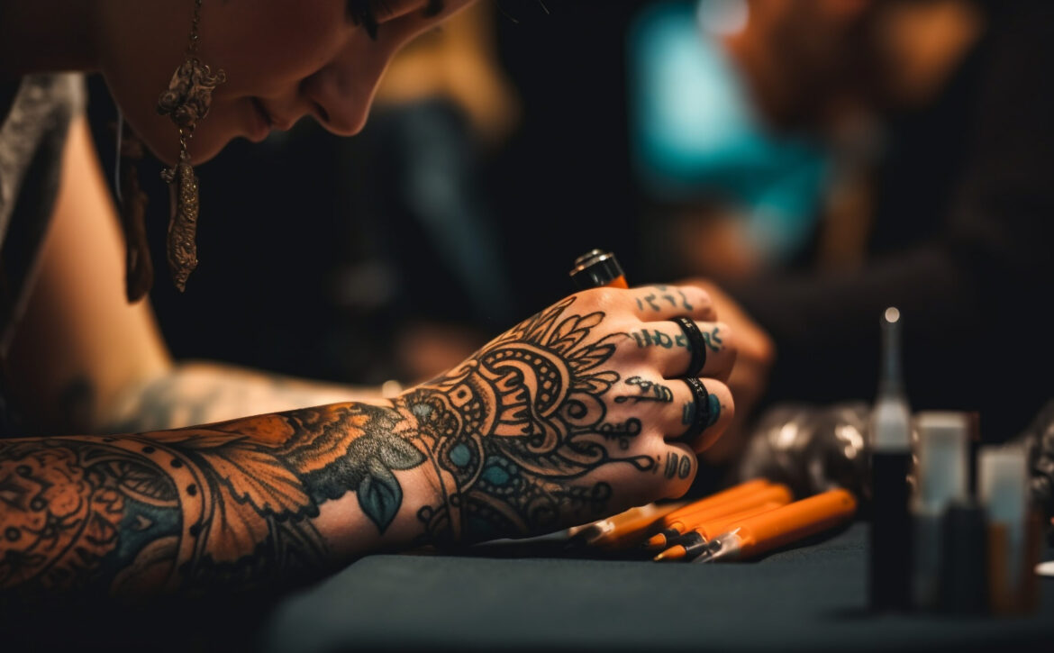 Young adult artist tattooing with creativity and skill generated by AI